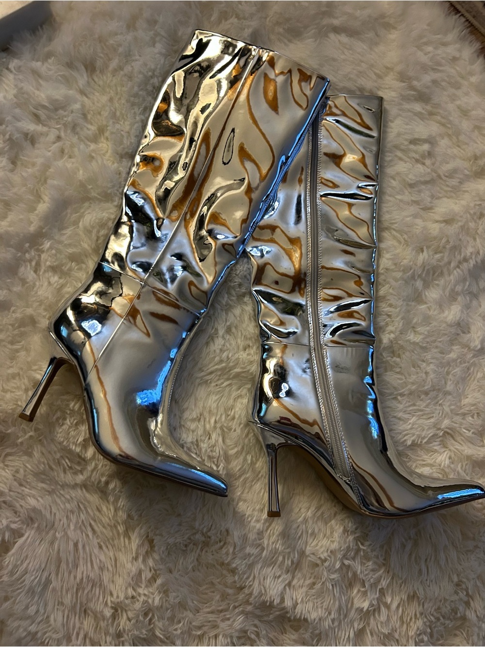 THE DROP Mirrored Gemini Tall Metallic Silver High Heel Knee Boots NWOT